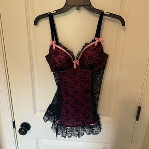 Victoria's Secret Black and Pink Lace Chemise with garter snaps